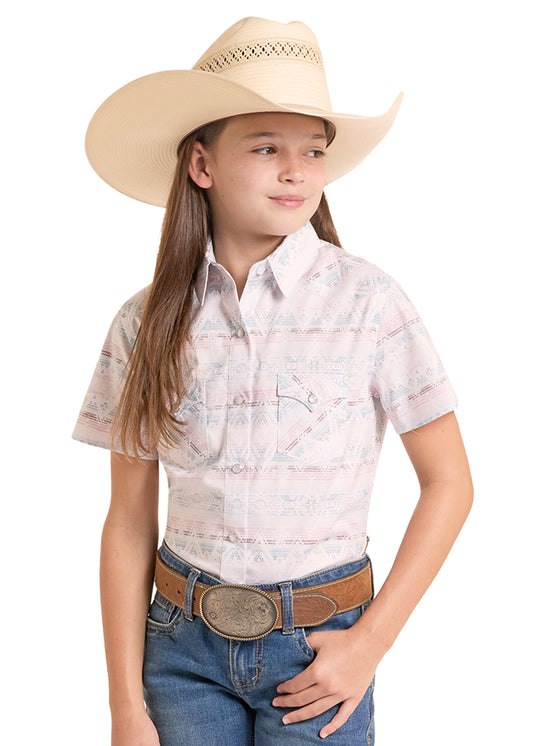 Panhandle Slim Girl's White Aztec Medallion Stripe Pearl Snap Short Sleeve Western Shirt RGN3S08949