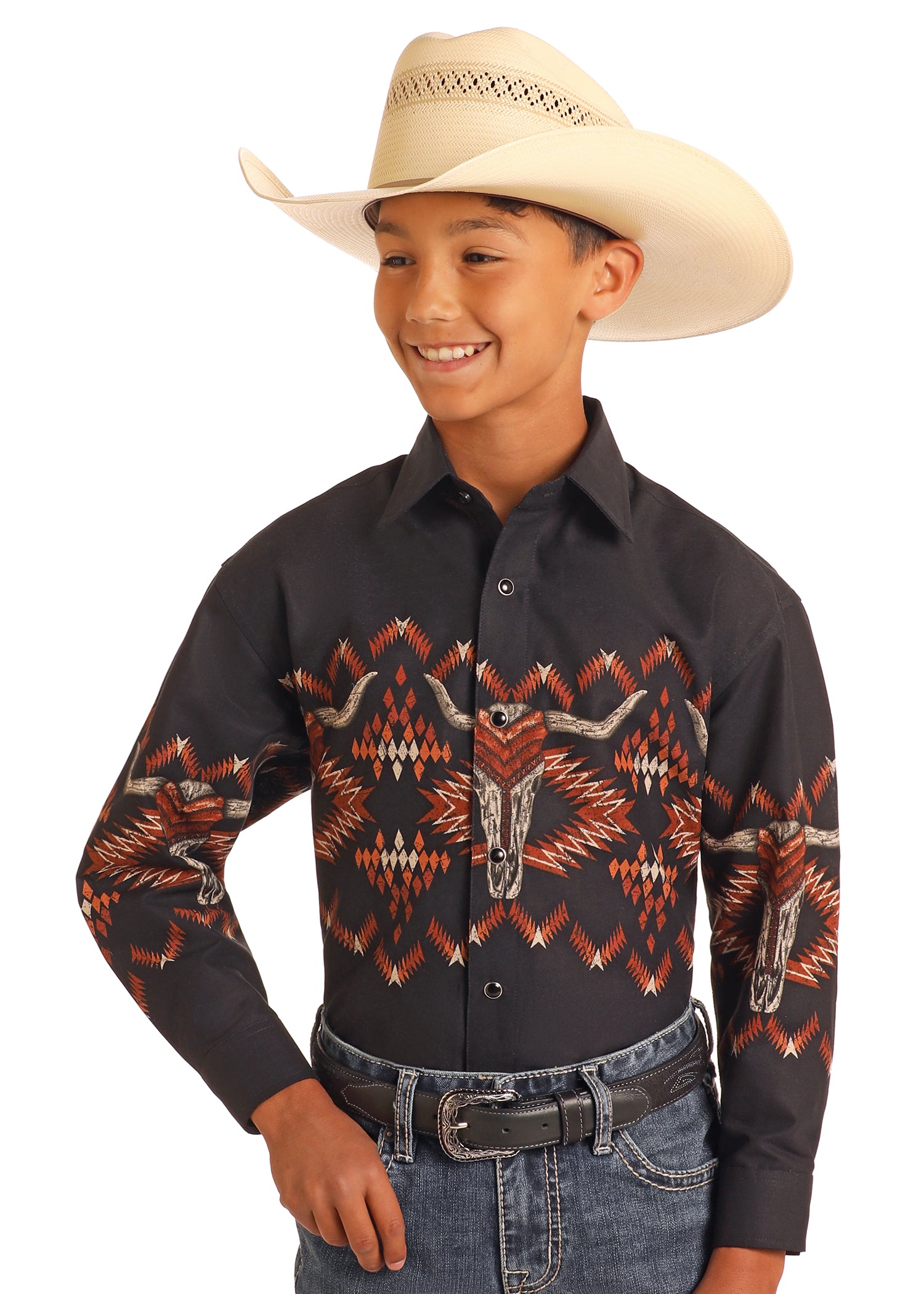 Panhandle Slim Boy's Black Steerhead Skull Aztec Print Snap Long
