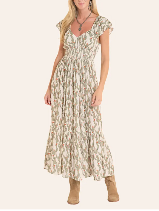 Rock & Roll Cowgirl Women's Jade Western Cactus Print Flutter Sleeve V-Neck Ruffled Maxi Dress BWD0R08810