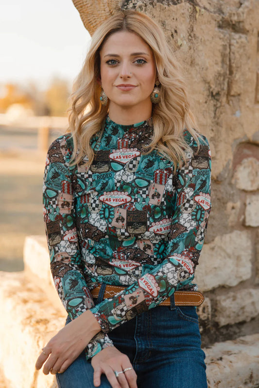 Sterling Kreek Women's Black & Turquoise 'Viva Las Cowgirl' Print Mesh Mock Neck Long Sleeve Top