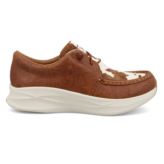 Twisted X Women's Brown Faux Hair-On Cowhide & Brown Tooled Leather Feather X Moc Toe Casual Shoe WCAU014