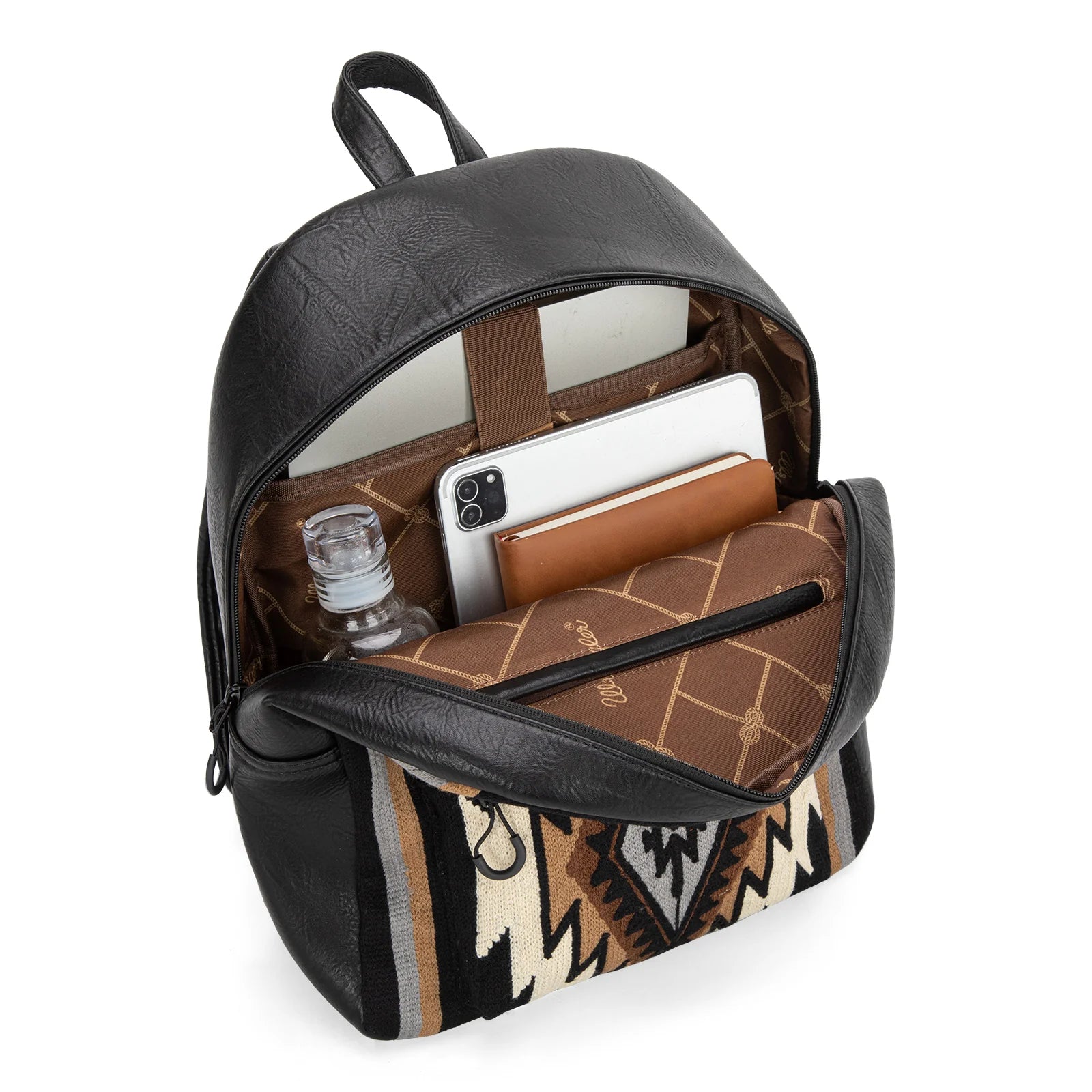 Wrangler Black Southwestern Aztec Knitted Accent Faux Leather Backpack WG174-9115BLK