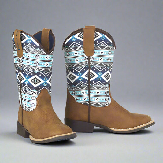 Twister Toddler Heston Blue Aztec Stripe Print & Brown Cowboy Boots 4418108