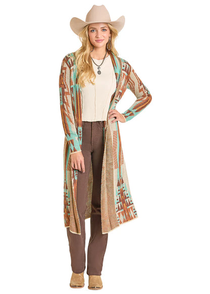 Rock & Roll Cowgirl Women's Tan Aztec Print Duster Cardigan