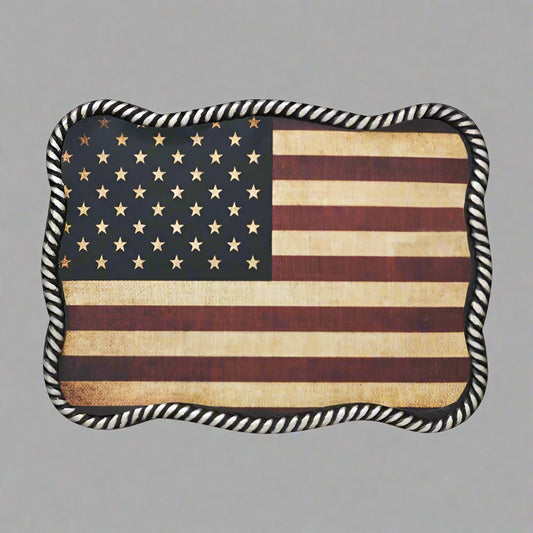 Nocona Antique Nickel Flag Rope Edge Rectangle Belt Buckle 37040