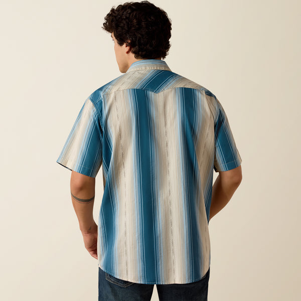 Ariat Men's Retro Hyland Colonial Blue Stripe Slim Fit Pearl Snap Short Sleeve Shirt 10073573