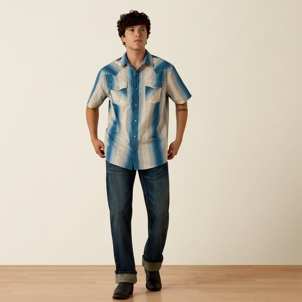 Ariat Men's Retro Hyland Colonial Blue Stripe Slim Fit Pearl Snap Short Sleeve Shirt 10073573