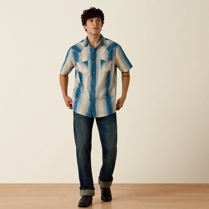 Ariat Men's Retro Hyland Colonial Blue Stripe Slim Fit Pearl Snap Short Sleeve Shirt 10073573
