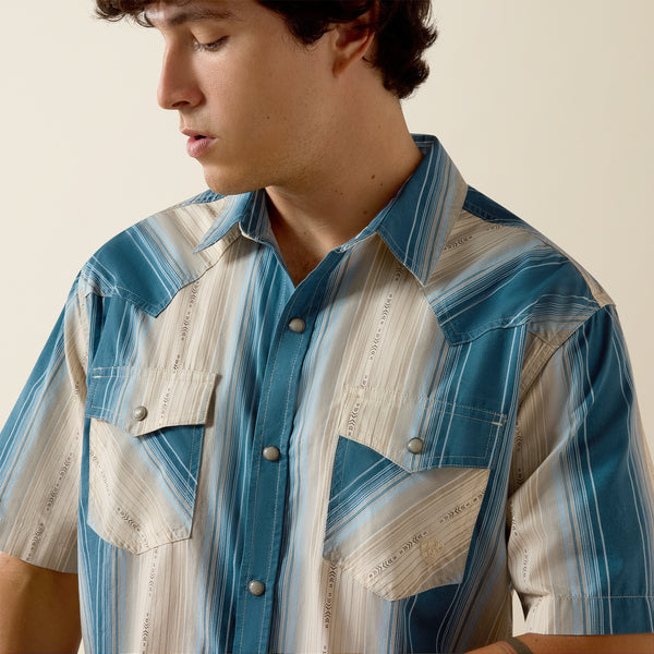 Ariat Men's Retro Hyland Colonial Blue Stripe Slim Fit Pearl Snap Short Sleeve Shirt 10073573