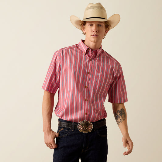 Ariat Men's Pro Series Bobby Hibiscus Red Stripe Classic Fit Button Short Sleeve Shirt 10073604