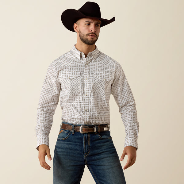 Ariat Men's Franz White Multi Geo Print Slim Fit Pearl Snap Long Sleeve Western Shirt 10073625