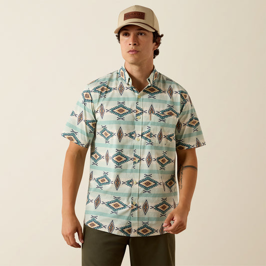 Ariat Men's Merlin Pristine Teal Large Southwestern Stripe Wrinkle Resistant Modern Fit Button Short Sleeve Shirt 10073644