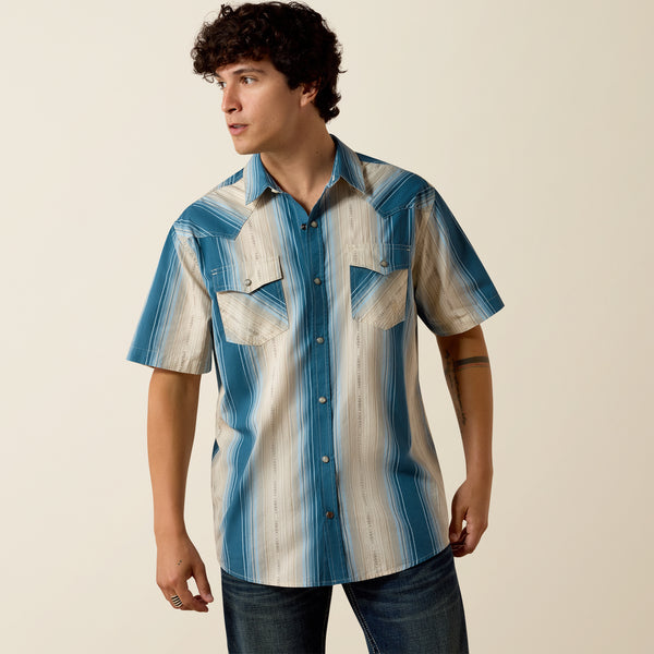 Ariat Men's Retro Hyland Colonial Blue Stripe Slim Fit Pearl Snap Short Sleeve Shirt 10073573