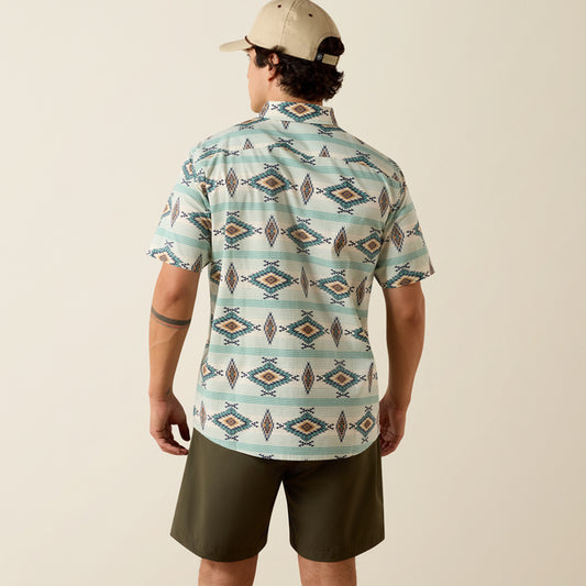 Ariat Men's Merlin Pristine Teal Large Southwestern Stripe Wrinkle Resistant Modern Fit Button Short Sleeve Shirt 10073644