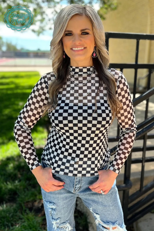 Sterling Kreek Women's Black & White 'Round the Track' Print Mesh Mock Neck Long Sleeve Top