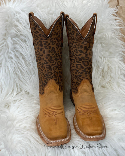 Circle G Teen/Youth Honey Leopard Print Shaft Square Toe Boots J7104-Painted Cowgirl Western Store