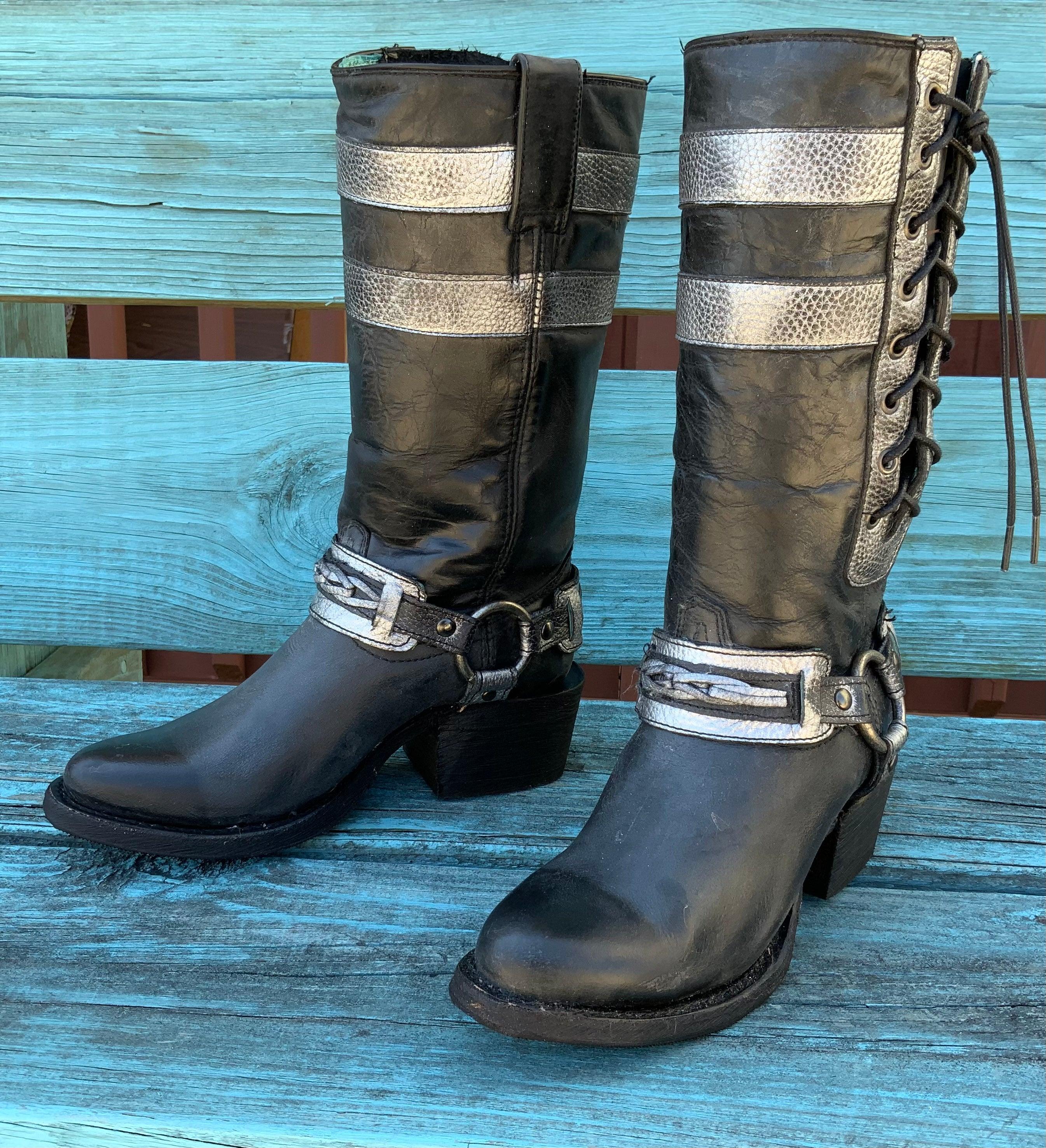 Corral Women's Black Leather & Side Laces Harness Round Toe Boots