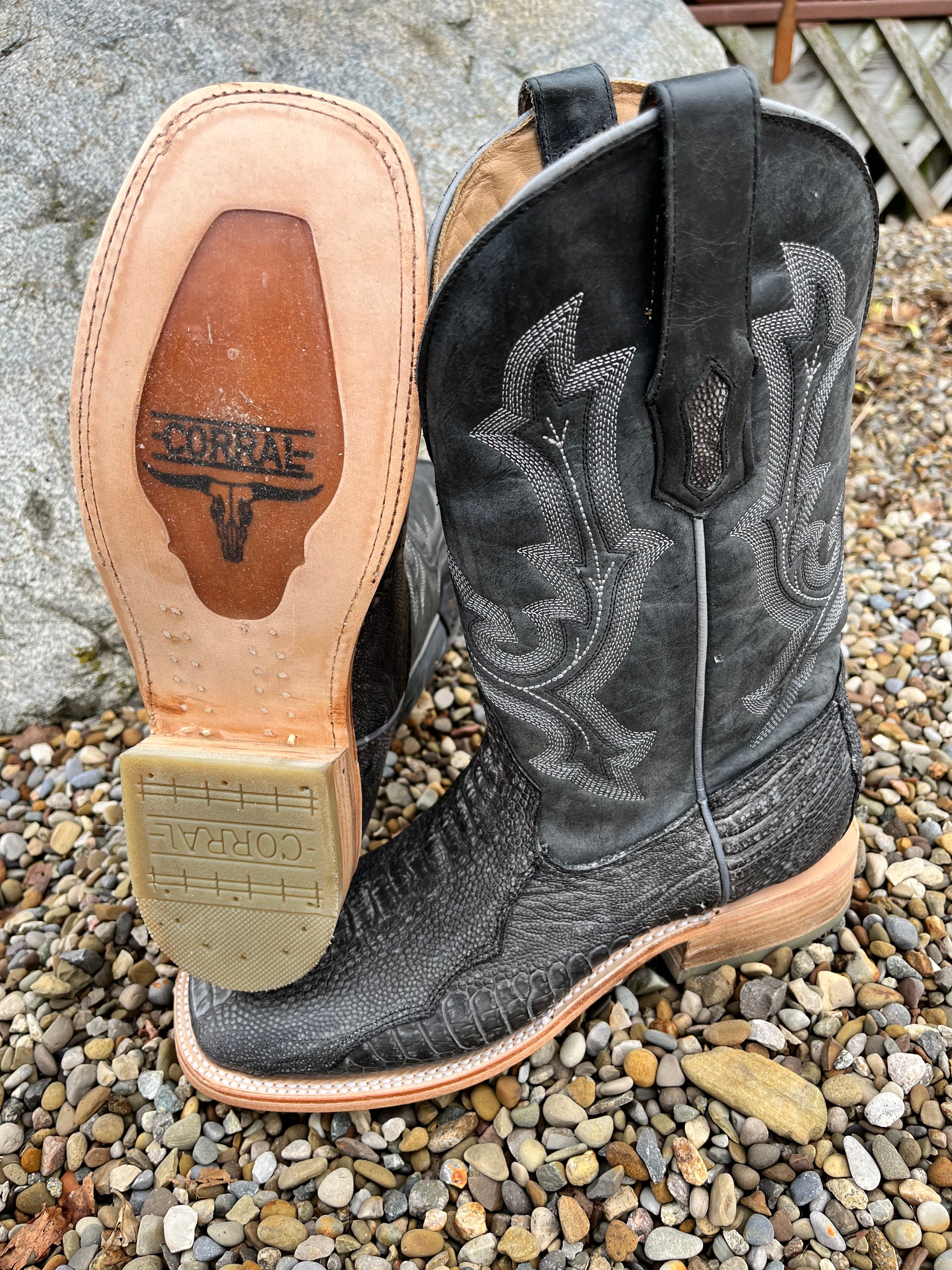 Corral Men s Black Ostrich Leg Wide Square Toe Cowboy Boots A4291 Painted Cowgirl Western Store