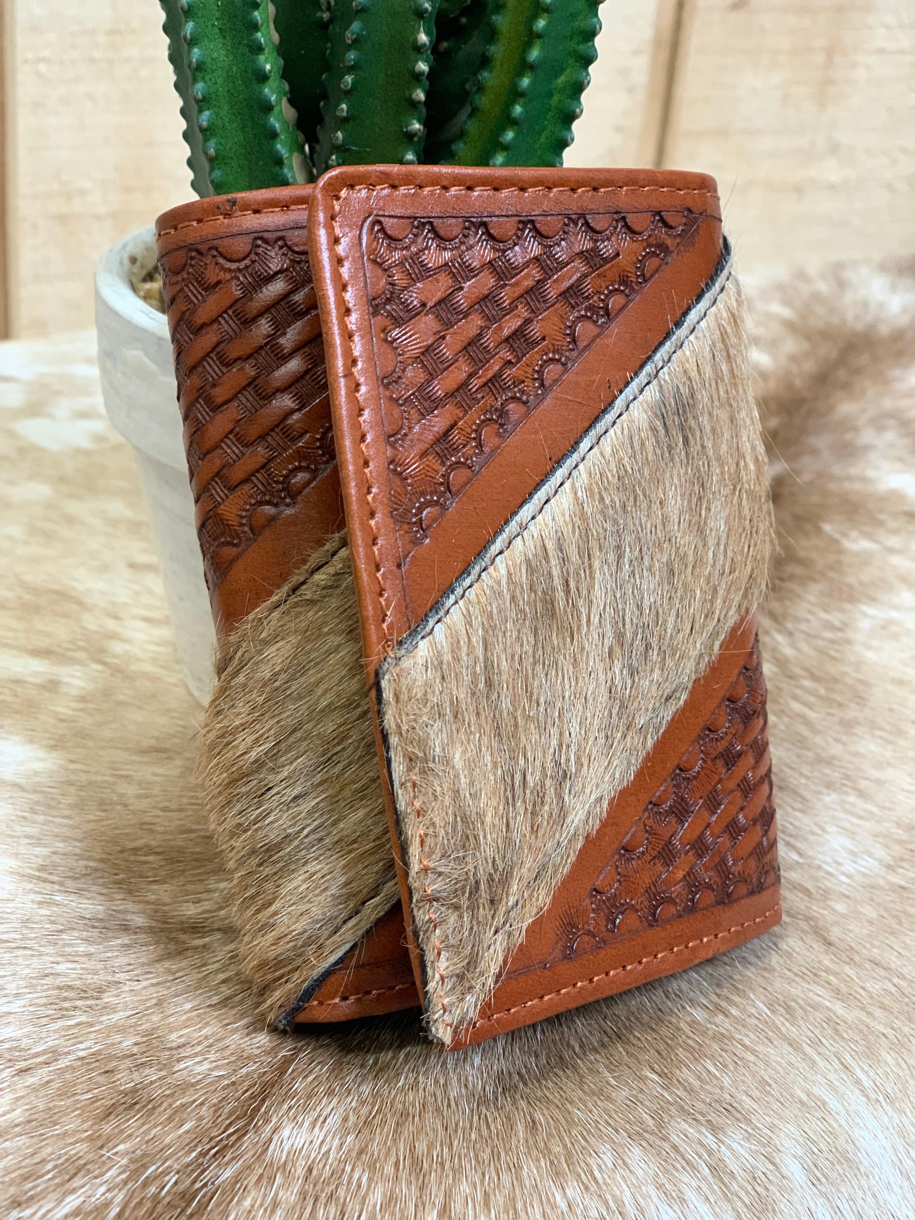 Texas Leather Hand Tooled Leather Wallet with Cowhide & Concho 