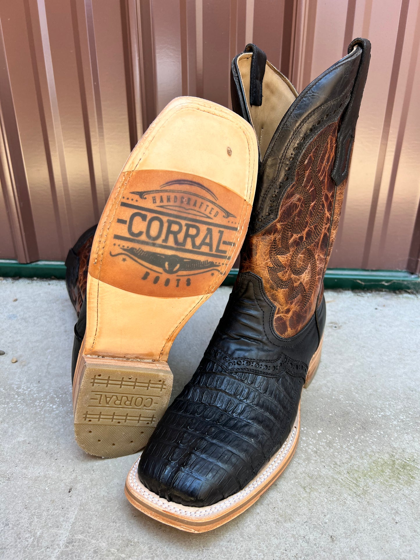 Corral Men s Black Caiman Overlay Wide Square Toe Cowboy Boots