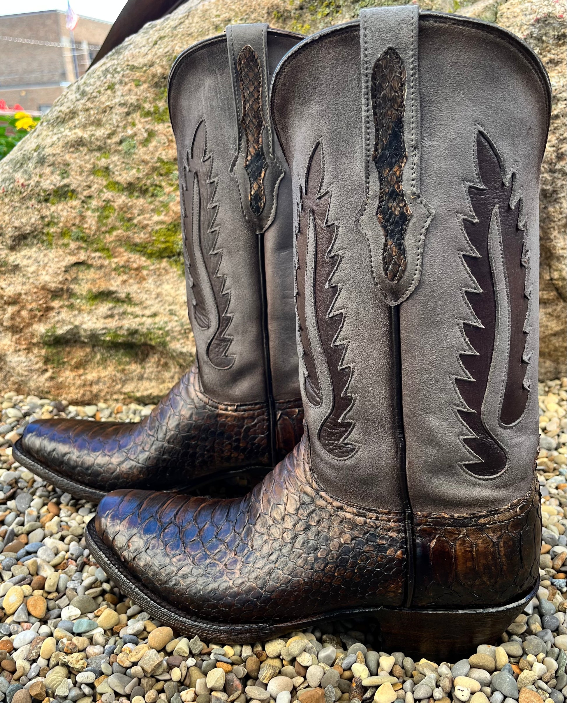 Square toe snake shop boots