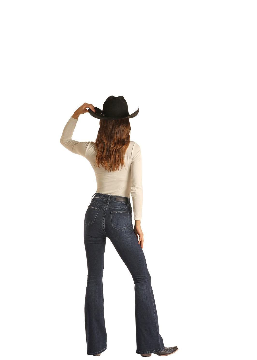 Rock & Roll Cowgirl Dark Wash Extra Stretch High Rise Bell Bottom Jeans