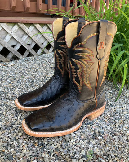 R. Watson Men s Black Full Quill Ostrich Wide Square Toe Men s